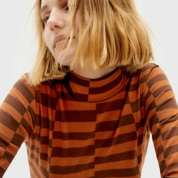 Thinking Mu - Organic Cotton Turtleneck - Orange/Brown - Striped/Checker - XS - Picture 2 of 3